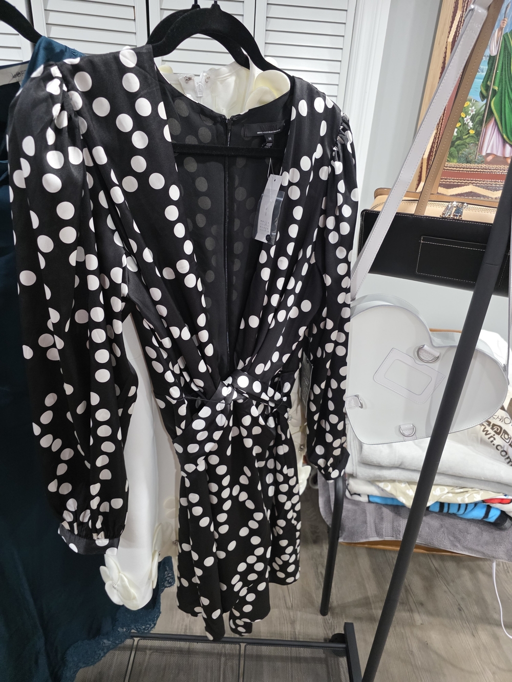 White House Black Market Black and White Polka Dot Wrap Midi Dress - Picture 5 of 10